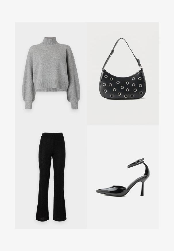 Suéter gris recortado con un cuello alto, puños y dobladillo acanalados, y hombros caídos. Textura suave con costuras mínimas.; Pantalones acampanados negros hechos de una tela texturizada con un patrón sutil. Cintura elástica, ligero y de corte largo.; Zapato de tacón alto de charol negro con punta puntiaguda, correa en el tobillo y hebilla plateada, tacón de aguja, vista lateral sobre fondo liso.; Bolso de hombro de cuero negro con correa ajustable, adornos de ojales metálicos plateados y cierre superior con cremallera.