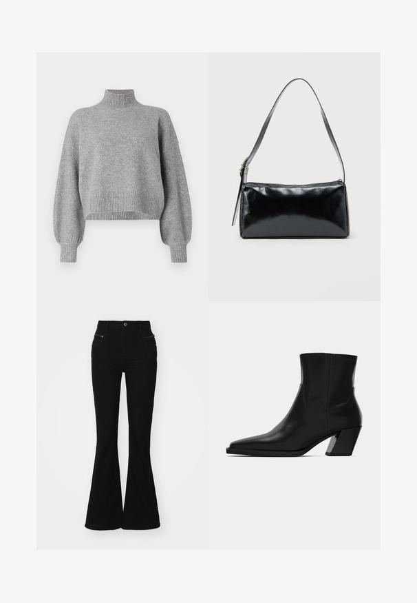 Grå cropped sweater med høj krave, ribbede mansjetter og kant, samt droppede skuldre. Blød tekstur med minimale sømme.; Sorte buks med bred benåbning og høj talje, med forlommer og lynlåsdetaljer. Lavet af denim med en glat overflade.; Sortlæder ankelstøvle med spids tå, en slank silhuet og en kraftig firkantet hæl. Glat tekstur med minimale stikninger.; Sort rektangulær skuldertaske med en enkelt justerbar rem og lynlås i toppen på en ensfarvet baggrund.