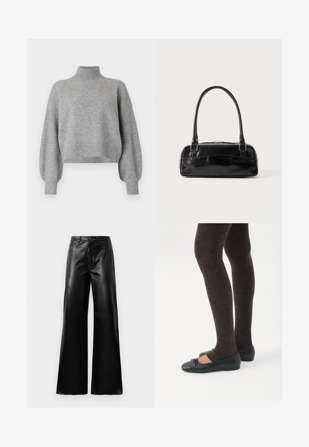 Grijze cropped trui met een hoge halslijn, geribde boorden en zoom, en verlaagde schouders. Zachte textuur met minimale naden.; Zwarte high-waisted wide-leg neplederen broek met een voorste knoop, ritssluiting, riemlussen en zijzakken op een witte achtergrond.; Benen met donkere geribbelde leggings gecombineerd met zwarte ballerina's met kleine strikdetails op een witte achtergrond.; Zwarte leren handtas met een rechthoekige vorm, voorzien van een enkele gestructureerde handgreep, zilveren hardware en ritsluiting. Gladde textuur.