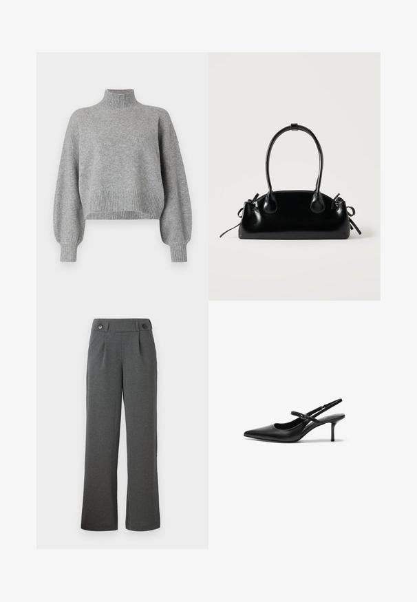 Grå cropped sweater med høj krave, ribbede mansjetter og kant, samt droppede skuldre. Blød tekstur med minimale sømme.; Grå brede bukser lavet af struktureret stof, med høj talje, frontfolder og to knapper i taljen.; Sorte læder slingback hæle med spids tå, slank justerbar rem og en stiletto hæl på cirka 5 cm, glat tekstur.; Lille sort blank håndtaske med to lange håndtag og snøre-detaljer i siden på en ensfarvet lys baggrund.