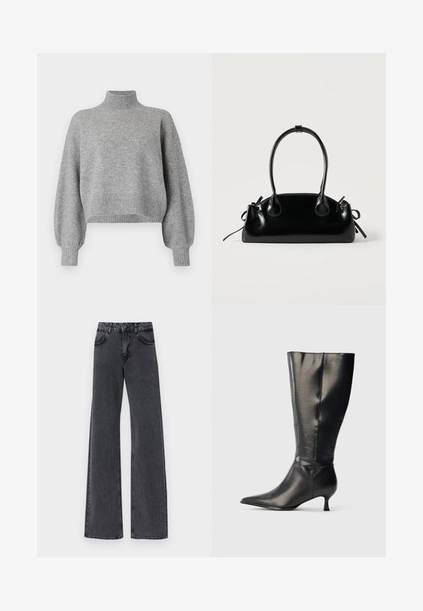 Grå cropped sweater med høj krave, ribbede mansjetter og kant, samt droppede skuldre. Blød tekstur med minimale sømme.; Sorte denim flared jeans med høj talje, der har to forlommer og subtile syninger langs sømmene.; Sort knæhøj læderstøvle med spids tå og lav kittenhæl, vist på en enkel lys baggrund.; Lille sort blank håndtaske med to lange håndtag og snøre-detaljer i siden på en ensfarvet lys baggrund.