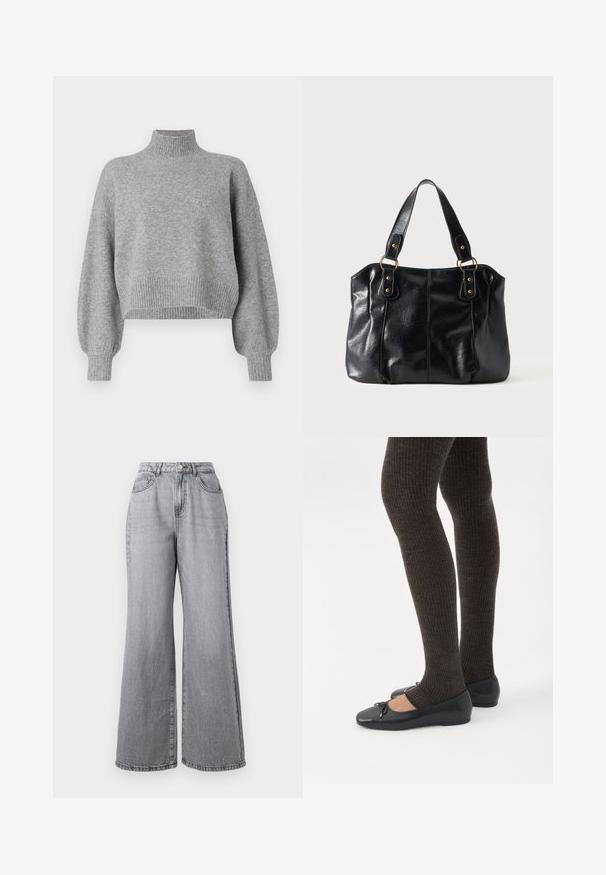 Suéter gris recortado con un cuello alto, puños y dobladillo acanalados, y hombros caídos. Textura suave con costuras mínimas.; Pantalones vaqueros de pierna ancha en gris claro, confeccionados en denim, con una cintura alta, cinco bolsillos y una textura ligeramente descolorida. Cierre con botón metálico y cremallera.; Piernas con leggings oscuros acanalados combinados con bailarinas negras que presentan pequeños detalles de lazo sobre un fondo blanco.; Bolso de cuero negro para el hombro con doble asa unida por anillas y remaches dorados, superficie lisa y ligeramente brillante, diseño sencillo.