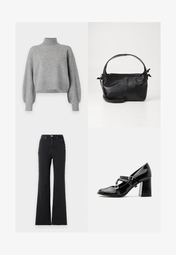 Grå cropped sweater med høj krave, ribbede mansjetter og kant, samt droppede skuldre. Blød tekstur med minimale sømme.; Sorte højtaljede denimjeans med flagrende ben, frontknap og fem-lommet design mod en helt hvid baggrund.; Skinnende sort Mary Jane-stilet med tre spænder og en kraftig blokhæl, vist i sideprofil mod en hvid baggrund.; Sort læderhåndtaske med et struktureret design, rund tophåndtag og aftagelig skulderrem. Den har en glat tekstur og en subtil glans.