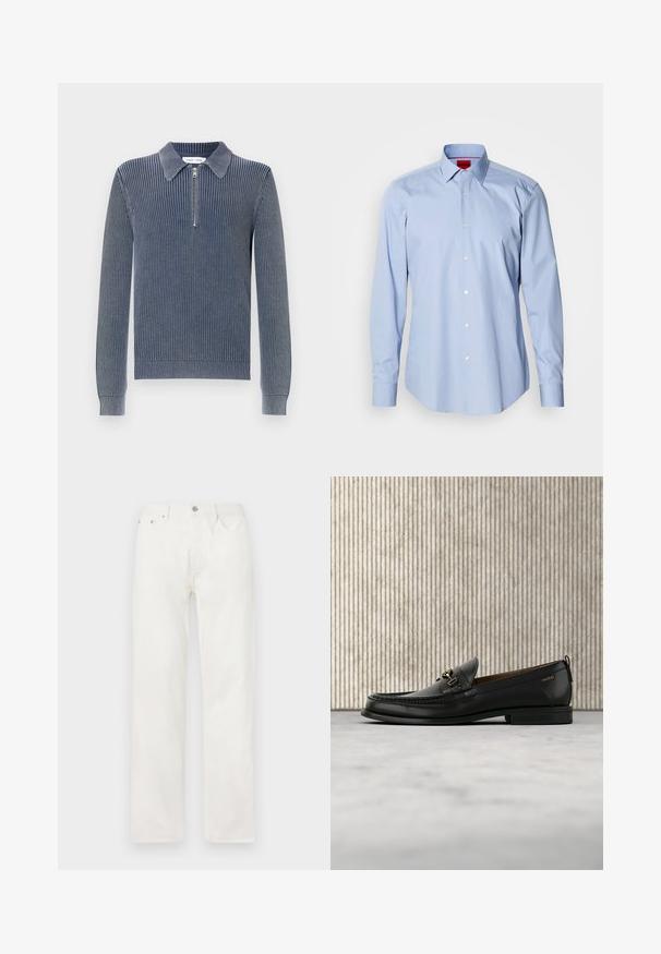 Pull-over en maille côtelée bleu marine foncé avec un col à revers et une fermeture éclair à mi-longueur. Manches longues et poignets ajustés caractérisent ce modèle.; Chemise bleu clair à manches longues en coton. Comprend un col boutonné, des boutons à l'avant et un ourlet droit. Étiquette HUGO à l'intérieur du col.; Jean en denim blanc coupe droite avec poches avant, passants pour ceinture et fermeture par bouton à la taille, présenté sur un fond uni.; Mocassin en cuir noir avec mors en métal doré et logo "HUGO", présenté sur un tapis beige et un meuble translucide marron.