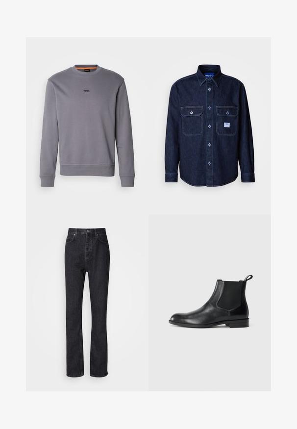 Sweatshirt gris en coton avec un col rond, des poignets et un ourlet côtelés, affichant un petit logo "BOSS" à l'avant.; Chemise en denim foncé à boutons, manches longues, deux poches poitrine, et étiquette de marque bleue. Caractérisée par des surpiqûres contrastantes et un col classique.; Jean en denim noir taille haute avec fermeture à bouton et à glissière, poches avant et arrière, et coupe droite.; Bottine en cuir noir avec des panneaux latéraux élastiques, bout rond et tirette. Texture lisse, semelle plate, design minimaliste.