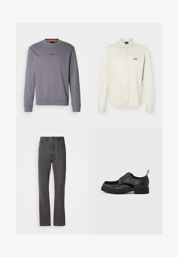 Sweatshirt gris en coton avec un col rond, des poignets et un ourlet côtelés, affichant un petit logo "BOSS" à l'avant.; Chemise blanche à manches longues avec col, logo noir "BOSS" sur le côté gauche de la poitrine, et poignets à boutons, présentée sur un fond uni.; Jeans en denim gris avec une coupe droite, dotés de poches avant, d'une fermeture à bouton et d'une texture subtile.; Chaussure noire en cuir à lacets avec semelle épaisse crantée et languette rouge à l'arrière, vue de profil sur un fond gris clair.