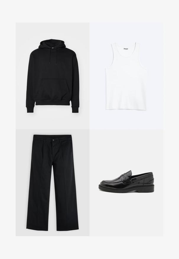 Sort pullover hoodie lavet af blød bomuldsblanding, har en kengurutaske, snøre i hætten, ribbede ærmer, og en afslappet pasform.; Hvid ærmeløs tanktop med rund halsudskæring og Weekday-mærke på den indvendige baghals, vist fladt på lys baggrund.; Sorte bukser med lige ben, foran med knap og lynlås, sidelommer og bæltestropper på en ensfarvet lys baggrund.; Sorte læder loafers med en glat finish, rund tå, lav hæl og dekorativ syning langs forsiden. Gummisål for godt greb.
