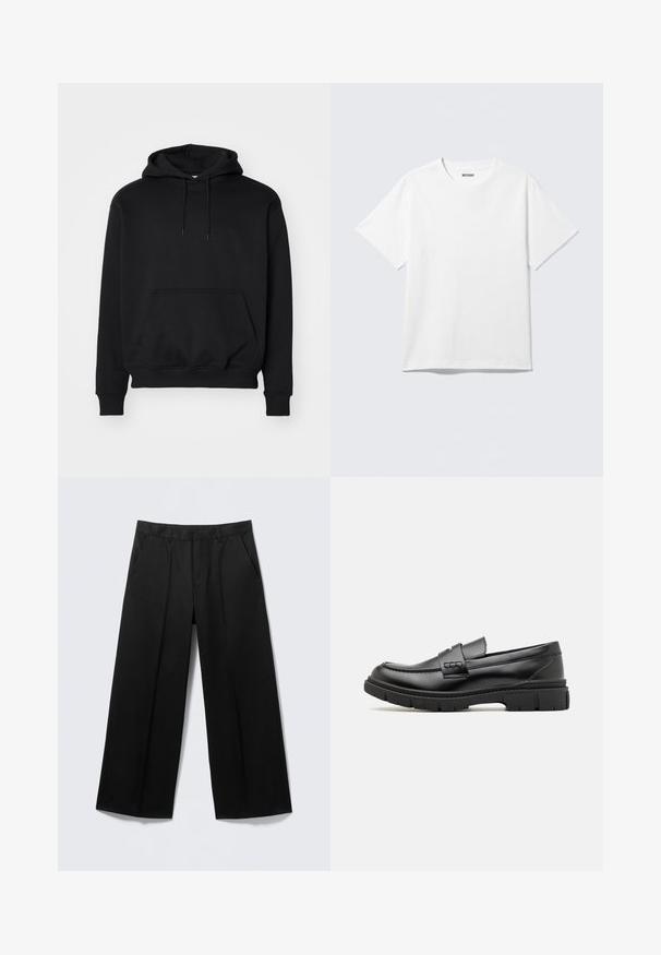 Sort pullover hoodie lavet af blød bomuldsblanding, har en kengurutaske, snøre i hætten, ribbede ærmer, og en afslappet pasform.; Hvid kortærmet crewneck T-shirt lagt fladt ud, ensfarvet design, med "WEEKDAY" mærkat inde i kraven på en lys baggrund.; Sorte vidde-bukser med bæltestropper, forlommer og lynlås foran, vist på en lysegrå baggrund.; Sort læder loafersko med en bred rem over forfoden, gummisål med tykke mønstre og glat overflade. Klassisk, slankt design.