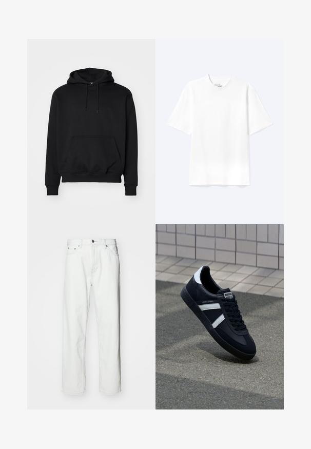 Sort pullover hoodie lavet af blød bomuldsblanding, har en kengurutaske, snøre i hætten, ribbede ærmer, og en afslappet pasform.; Enkel hvid T-shirt med korte ærmer og rund hals med afslappet pasform, vist på en lys baggrund.; Hvide denimbukser med lige pasform, fem-lomme design, knaplukning og subtile syninger. Glat tekstur og minimalistisk stil.; Sort lædersneaker med hvide striber, tekstureret gummisål og snørrebånd foran. Har et brandet mærke på tungen.