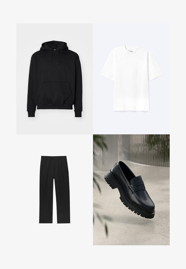 Sort pullover hoodie lavet af blød bomuldsblanding, har en kengurutaske, snøre i hætten, ribbede ærmer, og en afslappet pasform.; Enkel hvid T-shirt med korte ærmer og rund hals med afslappet pasform, vist på en lys baggrund.; Sorte bukser med lige ben, lavet af et glat stof. Har frontfolder og en enkelt knaplukning i taljen.; Sorte læder loafers med en chunky sål, der har en dekorativ rem og syninger. Glat tekstur med en poleret overflade.