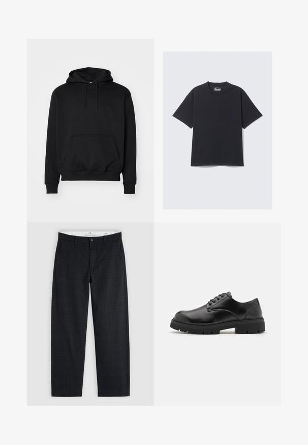 Sort pullover hoodie lavet af blød bomuldsblanding, har en kengurutaske, snøre i hætten, ribbede ærmer, og en afslappet pasform.; Sort bomulds T-shirt med klassisk rund hals, korte ærmer og en afslappet pasform. Glat tekstur med minimal syning.; Sorte chinos med lige ben, sidelommer, knap- og lynlåslukning samt bæltestropper, lagt fladt på en lys baggrund.; Sorte lædersko med rund tå, snørelukning og en tykk, struktureret gummisål. Har syninger langs kanten og en glat overflade.