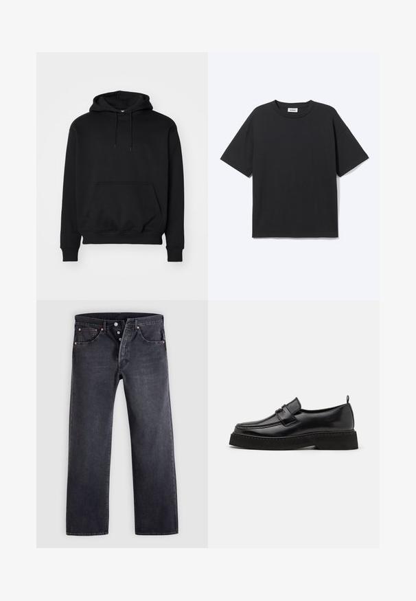Sort pullover hoodie lavet af blød bomuldsblanding, har en kengurutaske, snøre i hætten, ribbede ærmer, og en afslappet pasform.; Sort T-shirt med korte ærmer og rund hals med afslappet pasform, forfra, ensfarvet design og synligt Weekday-mærke inde i kraven.; Sorte denimjeans med lige snit, fem-lommer design og kobberknapdetaljer. Glat tekstur med let falmet finish.; Sorte læder loafersko i stil med flad, tekstureret sål, med en syet tå og en rem over vristen.