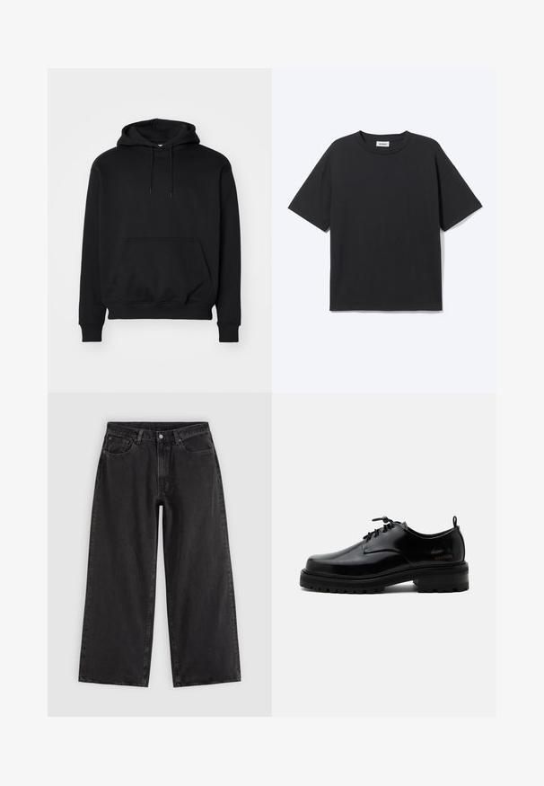 Sort pullover hoodie lavet af blød bomuldsblanding, har en kengurutaske, snøre i hætten, ribbede ærmer, og en afslappet pasform.; Sort T-shirt med korte ærmer og rund hals med afslappet pasform, forfra, ensfarvet design og synligt Weekday-mærke inde i kraven.; Sorte denim jeans med vide ben, forlommer, bæltestropper og knaplukning, vist på en ensfarvet lys baggrund.; Sort poleret læder snørestøvle med tyk gummisål og lav hæl, sideskilt med mærketekst "SAMSOE" og bageste træksnor.