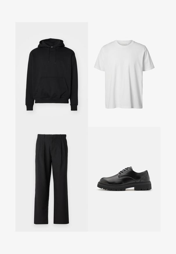 Sort pullover hoodie lavet af blød bomuldsblanding, har en kengurutaske, snøre i hætten, ribbede ærmer, og en afslappet pasform.; Enkelt hvid T-shirt med korte ærmer og rund hals, løs pasform og uden synlige logoer eller designs foran.; Jack & Jones Classic Wide Leg Fit - Bukser - black; Sorte lædersko med rund tå, snørelukning og en tykk, struktureret gummisål. Har syninger langs kanten og en glat overflade.