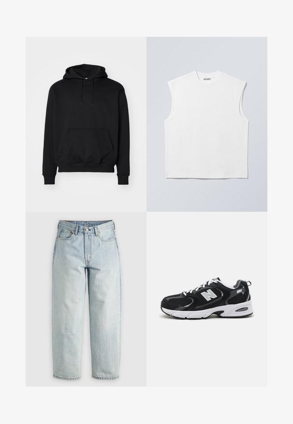 Sort pullover hoodie lavet af blød bomuldsblanding, har en kengurutaske, snøre i hætten, ribbede ærmer, og en afslappet pasform.; Hvid ærmeløs bomulds top med rund hals og markerede skulderpartier, mærket "WEEKDAY" på halsmærket, vist på lys grå baggrund.; Lysblå denimjeans med lige ben, fem lommer og knap-fly lukning; har slidte områder og subtile syninger.; Sorte og grå sportssko med mesh og ruskind på overdelen, der har en hvid mellemsål, snørebånd og et iøjnefaldende "N" logo på siden.