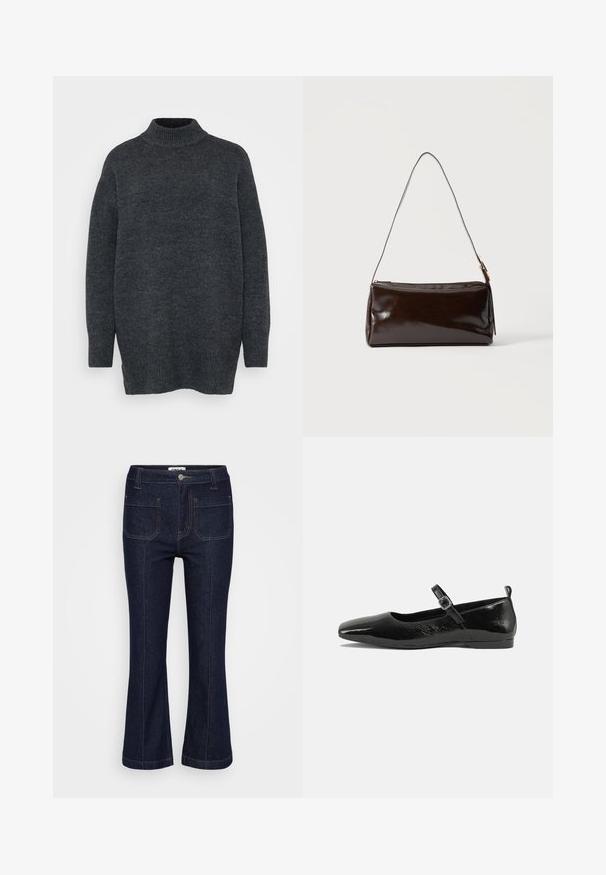 Pull en maille oversize à col roulé de couleur gris foncé. Présente des poignets et un ourlet côtelés, une texture douce, et des fentes latérales à l'ourlet pour un ajustement décontracté.; Jean en denim bleu foncé avec des poches avant à patch, coutures contrastées, passants de ceinture, fermeture par bouton et jambes légèrement évasées.; Chaussure plate en cuir verni noir avec un bout pointu, une sangle de cheville avec boucles, et une texture lisse et brillante. Talon bas pour le confort.; Sac à bandoulière rectangulaire en cuir marron foncé avec une seule sangle fine et une boucle dorée sur un fond uni.