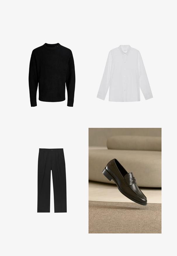 Sort sweater, rund halsudskæring, lange ærmer, ribbede manchetter og kant, blød tekstur, ensfarvet, minimalistisk design.; Hvid langærmet skjorte lavet af glat stof, med spidse krave, frontknaplukning og enknapsmanchetter.; Sorte bukser med lige ben, lavet af et glat stof. Har frontfolder og en enkelt knaplukning i taljen.; Sort lædersko med slip-on design, svævende over beige tæppe med beige sofa i baggrunden, der fremhæver klassisk herrestil.