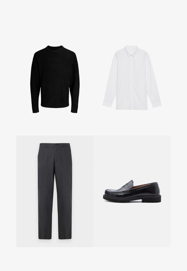 Sort sweater, rund halsudskæring, lange ærmer, ribbede manchetter og kant, blød tekstur, ensfarvet, minimalistisk design.; Hvid skjorte med tynde sorte lodrette striber, med en klassisk krave og lange ærmer med knapmanchetter.; Mørkegrå, lige ben bukser lavet af letvægtsstof. Har en knaplukning og en flad front uden synlige lommer. Glat tekstur.; Sorte læder penny loafer med chunky gummisål og moc toe syninger, vist i profil på en hvid baggrund.