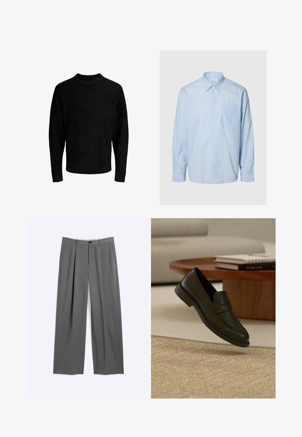Pull noir, encolure ronde, manches longues, poignets et ourlet côtelés, texture douce, couleur unie, design minimaliste.; Chemise habillée bleu clair à manches longues avec fines rayures blanches verticales, devant à boutons, poche poitrine et col pointu sur fond uni.; Pantalon formel gris avec jambes droites, plis à l'avant, poches latérales, passants pour ceinture et fermeture devant par bouton et glissière.; Chaussure mocassin en cuir noir présentée en suspension au-dessus d'un tapis beige tissé, avec une table en bois et des livres empilés dans un salon doucement éclairé.