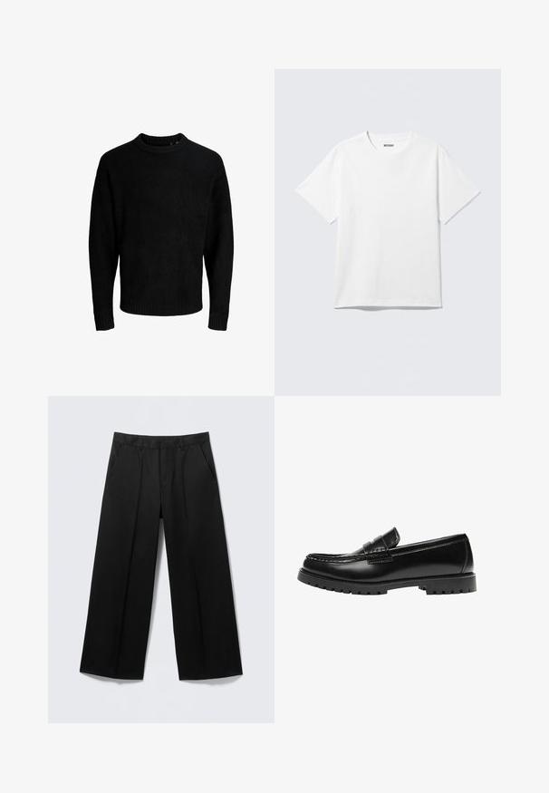 Sort sweater, rund halsudskæring, lange ærmer, ribbede manchetter og kant, blød tekstur, ensfarvet, minimalistisk design.; Hvid kortærmet crewneck T-shirt lagt fladt ud, ensfarvet design, med "WEEKDAY" mærkat inde i kraven på en lys baggrund.; Sorte vidde-bukser med bæltestropper, forlommer og lynlås foran, vist på en lysegrå baggrund.; Sort læderloafer med en kraftig gummisål og klassiske penny-strap detaljer, vist fra ydersiden.