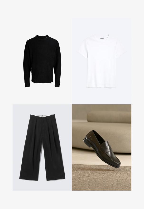 Sort sweater, rund halsudskæring, lange ærmer, ribbede manchetter og kant, blød tekstur, ensfarvet, minimalistisk design.; Enkelt hvid T-shirt med korte ærmer og rund hals med synligt WEEKDAY-mærke i kraven, vist på en lys baggrund.; Sorte bukser med vide ben, læg, bæltestropper og en knaplukning, vist mod en lys grå baggrund.; Sort læderloafer med slankt design og dekorativ rem, vist over et struktureret beige tæppe og neutral sofa baggrund.