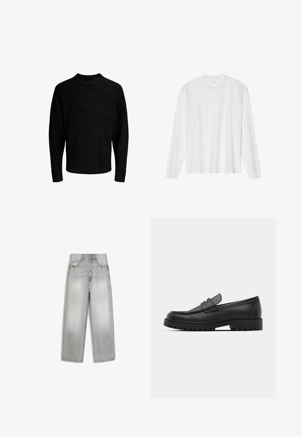Pull noir, encolure ronde, manches longues, poignets et ourlet côtelés, texture douce, couleur unie, design minimaliste.; T-shirt blanc en coton à manches longues avec col rond, doté de poignets côtelés et d'un ourlet droit, texture lisse et design minimaliste.; Jean gris clair à jambes larges, taille haute, bouton devant, fermeture éclair et design à cinq poches, présenté à plat sur fond blanc.; Mocassins en cuir noir à bout arrondi, avec un design cousu, une semelle plateforme basse et une semelle en caoutchouc texturée et crantée.
