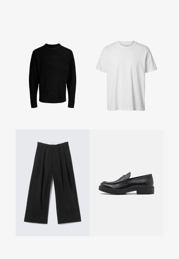 Sort sweater, rund halsudskæring, lange ærmer, ribbede manchetter og kant, blød tekstur, ensfarvet, minimalistisk design.; Enkelt hvid T-shirt med korte ærmer og rund hals, løs pasform og uden synlige logoer eller designs foran.; Sorte bukser med vide ben, læg, bæltestropper og en knaplukning, vist mod en lys grå baggrund.; Sorte læder loafers med rund tå, slip-on design og tyk gummisål med tekstureret greb. Forhøjet hæl og subtile syninger.