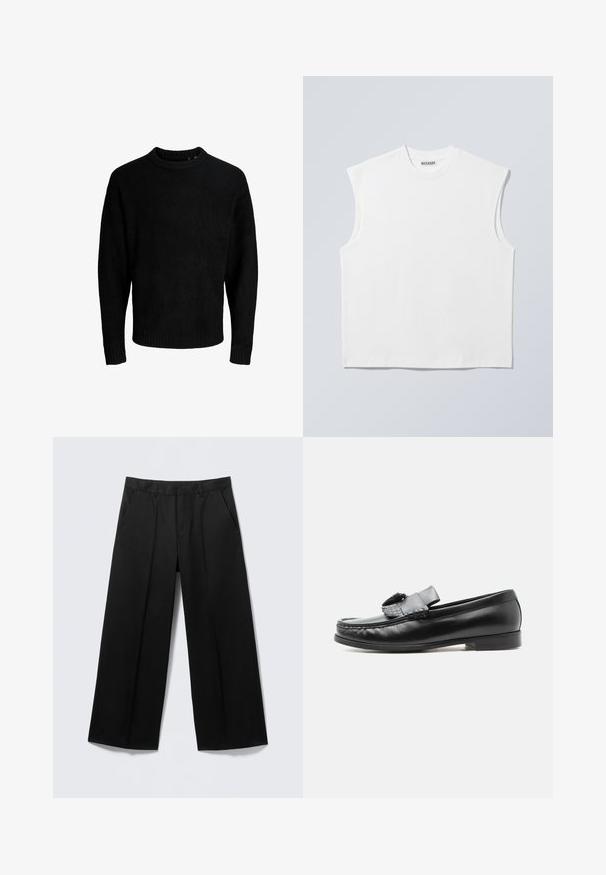 Sort sweater, rund halsudskæring, lange ærmer, ribbede manchetter og kant, blød tekstur, ensfarvet, minimalistisk design.; Hvid ærmeløs bomulds top med rund hals og markerede skulderpartier, mærket "WEEKDAY" på halsmærket, vist på lys grå baggrund.; Sorte vidde-bukser med bæltestropper, forlommer og lynlås foran, vist på en lysegrå baggrund.; Sort læderloafer med kvastdetalje, lav hæl og rundet tå, vist fra siden mod en ensartet lys baggrund.