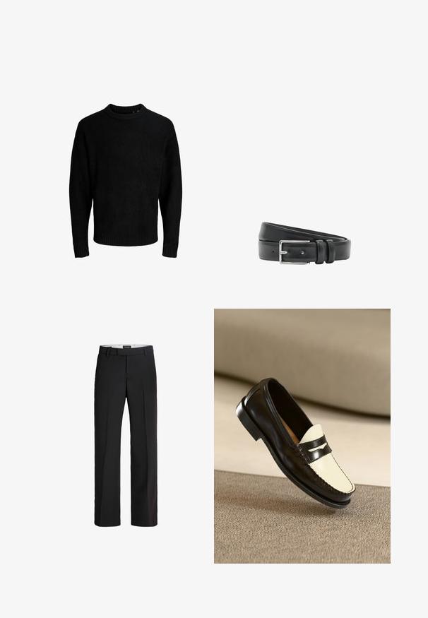 Sort sweater, rund halsudskæring, lange ærmer, ribbede manchetter og kant, blød tekstur, ensfarvet, minimalistisk design.; Sorte bukser med skræddersyet pasform; har en glat front, to sidelommer og en glat tekstur; lavet af et let, åndbart materiale.; Sort læderloafer med en cremefarvet vamp og sorte accentstriber, som har en lav hæl og detaljeret syning langs kanterne.; Sort læderbælte rullet sammen med et sølvfarvet rektangulært spænde og to bæltestropper på en hvid baggrund.