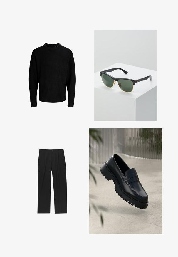 Sort sweater, rund halsudskæring, lange ærmer, ribbede manchetter og kant, blød tekstur, ensfarvet, minimalistisk design.; Sorte bukser med lige ben, lavet af et glat stof. Har frontfolder og en enkelt knaplukning i taljen.; Sorte læder loafers med en chunky sål, der har en dekorativ rem og syninger. Glat tekstur med en poleret overflade.; Ray-Ban solbriller med grønne linser, sorte plastikstel og gyldne detaljer ved kanterne. Firkantet form med mat finish.
