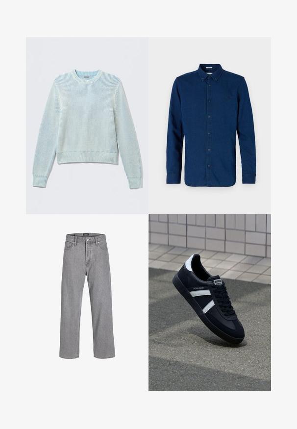 Hellblauer Strickpullover mit Rundhalsausschnitt, langen Ärmeln sowie gerippten Bündchen und Saum, innen im Kragen mit "WEEKDAY" beschriftet.; Dunkelblaues langärmeliges Hemd mit Knopfleiste, einem Button-Down-Kragen und dezent besticktem Logo auf der linken Brust.; Graue Jeanshose mit einem lässigen, lockeren Schnitt. Verfügt über ein traditionelles Fünf-Taschen-Design und einen Knopfverschluss am Bund.; Schwarze Leder-Sneaker mit weißen Streifen, strukturiertem Gummisohle und Schnürung. Verfügt über ein Markenetikett auf der Zunge.