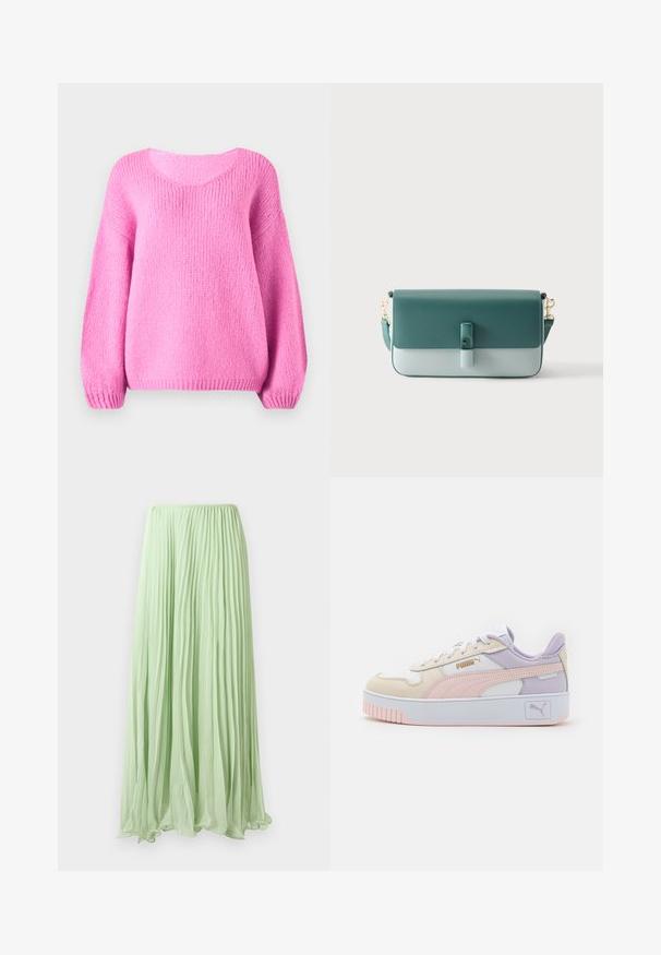 Pull en tricot rose avec un col rond, des manches larges et des poignets côtelés. Texture douce et coupe décontractée.; Jupe longue plissée vert clair avec un tissu fluide et une taille élastique, présentée sur un fond blanc.; Baskets pour hommes en crème, rose et lavande, en cuir synthétique, avec des lacets blancs, une épaisse semelle blanche et des accents de logo doré.; Sac à main rectangulaire en cuir vert bicolore avec fermeture à rabat, boucle frontale et bandoulière amovible avec attaches dorées.