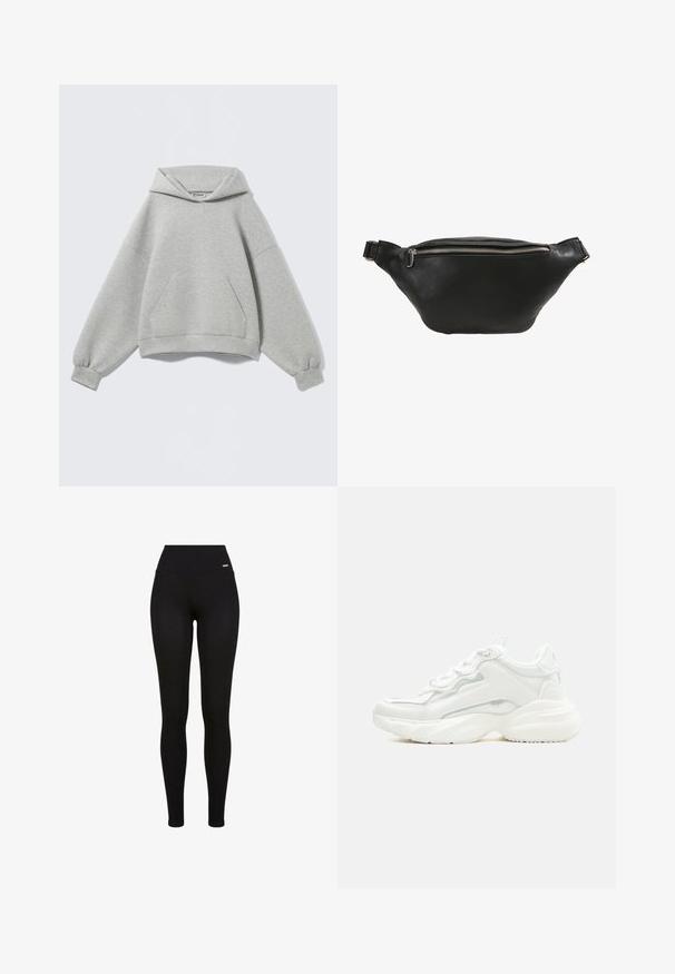 Hanorac oversized, gri deschis, cu buzunar tip cangur în față, manșete striate și glugă pliată, afișat pe un fundal simplu.; Colanți negri cu talie înaltă, din material reiat, cu picioare lungi și o etichetă mică dreptunghiulară cu logo aproape de talie, pe un fundal alb.; Pantof sport alb gros cu talpă groasă, închidere cu șiret și partea superioară din material sintetic neted cu detalii subtile de cusături.; Rucsac din piele neagră, cu o textură netedă, formă curbată și închidere cu fermoar argintiu. Dispune de o singură curea ajustabilă.