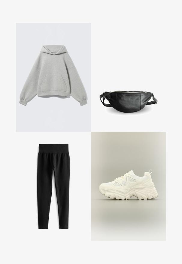 Lysegrå oversized hættetrøje med front kangurulomme, ribkanter og en foldet hætte, vist mod en ensfarvet baggrund.; Sorte ribbede leggings med en bred, elastisk talje. Stoffet ser strækbart og struktureret ud og slutter lige over anklen.; Hvid chunky sneaker med tyk tekstureret sål, mesh paneler, snørelukning foran og trækstrop ved hælen på en neutral baggrund.; Still Nordic BASIC - Bæltetasker - black