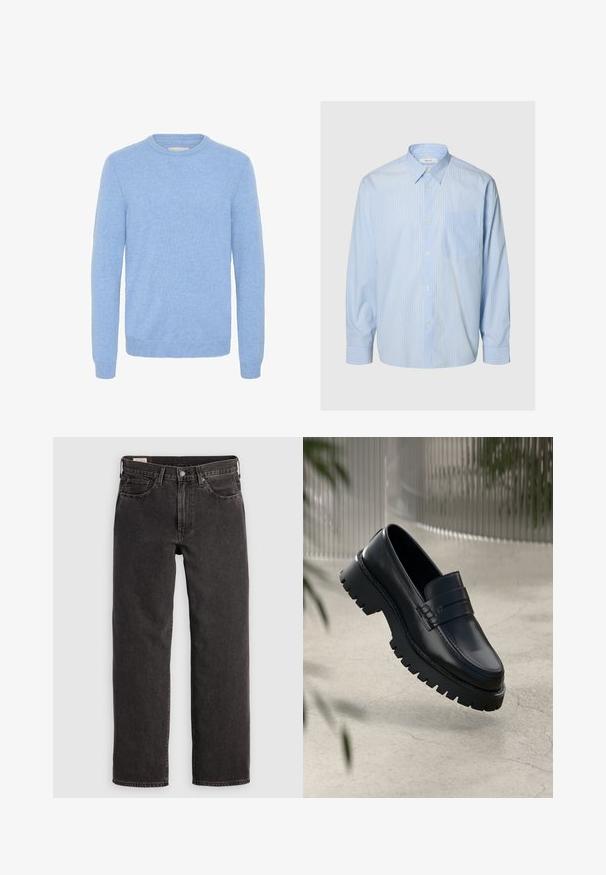 Blød lyseblå crew neck sweater med lange ærmer og ribbede manchetter og kant, lavet af et fint strikket stof.; Lyseblå skjorte med lange ærmer med tynde hvide lodrette striber, knapper foran, brystlomme og spids krave på ensfarvet baggrund.; Sorte denim jeans med lige ben, fem lommer og metalbeslag. Stoffet har en let struktur og en ensfarvet finish.; Sorte læder loafers med en chunky sål, der har en dekorativ rem og syninger. Glat tekstur med en poleret overflade.
