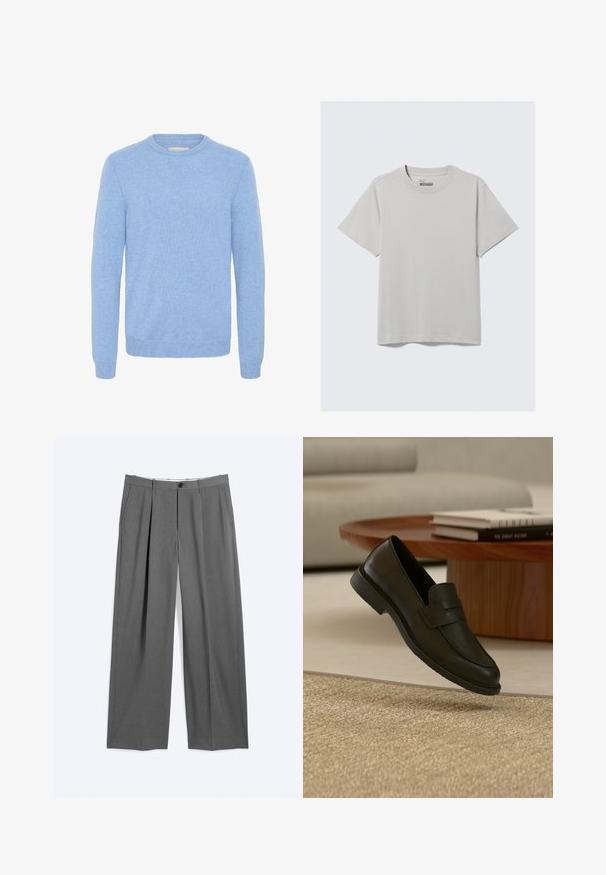 Suéter de cuello redondo en azul claro suave, con mangas largas y puños y dobladillo acanalados, hecho de una tela de punto fino.; Camiseta de algodón gris claro con cuello redondo y mangas cortas, que presenta un diseño minimalista y un corte relajado. Sin estampados ni acentos.; Pantalones formales grises con piernas rectas, pliegues delanteros, bolsillos laterales, trabillas para cinturón y cierre frontal con botón y cremallera.; Zapato mocasín de cuero negro mostrado en el aire sobre una alfombra beige tejida, con una mesa de madera y libros apilados en una sala de estar con luz suave.