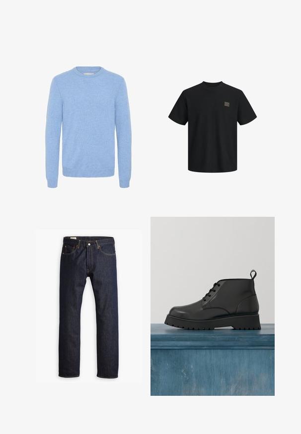 Blød lyseblå crew neck sweater med lange ærmer og ribbede manchetter og kant, lavet af et fint strikket stof.; Sort T-shirt med korte ærmer og rund halsudskæring med en lille rektangulær brun logo-patch på venstre bryst.; Mørkeblå denimjeans med lige ben, orange syninger og fem lomme-design med metalspænde.; Sort læder ankelstøvle med en glansfuld overflade. Har en rund tå, snørebåndsdesign og en tyk, rillede sål for godt greb.