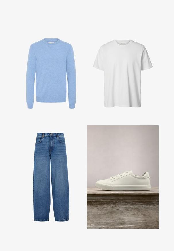 Blød lyseblå crew neck sweater med lange ærmer og ribbede manchetter og kant, lavet af et fint strikket stof.; Enkelt hvid T-shirt med korte ærmer og rund hals, løs pasform og uden synlige logoer eller designs foran.; Vida jeans i medium blå denim. Har en høj talje, klassisk fem-lomme design og subtil fading langs benene. Standard kant.; Hvide snørresneakers svævende over en træbænk med grønne planter i baggrunden, der fremhæver skodesign og tekstur.