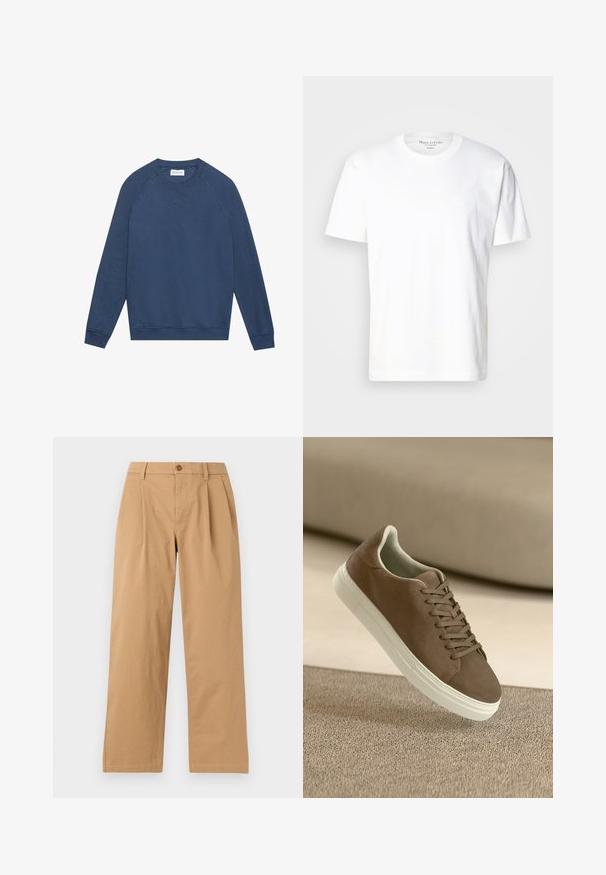 Langärmliges, blaues Crewneck-Sweatshirt mit Raglanärmeln, gerippten Bündchen und Saum sowie einem kleinen gestickten "X"-Detail unterhalb des Kragens.; Weißes Baumwoll-T-Shirt mit Rundhalsausschnitt und kurzen Ärmeln. Verfügt über ein dezentes Logo-Detail auf der Vorderseite. Weiche Textur, lässige Passform.; Hellbraune, gerade geschnittene Hose mit Bügelfalten vorne, Gürtelschlaufen und Knopfverschluss am Bund vor einfarbigem Hintergrund.; Braune Wildleder-Sneaker mit glatter Oberfläche, Schnürdesign und weißer Gummisohle. Verfügt über eine abgerundete Zehenpartie und eine stromlinienförmige Form.