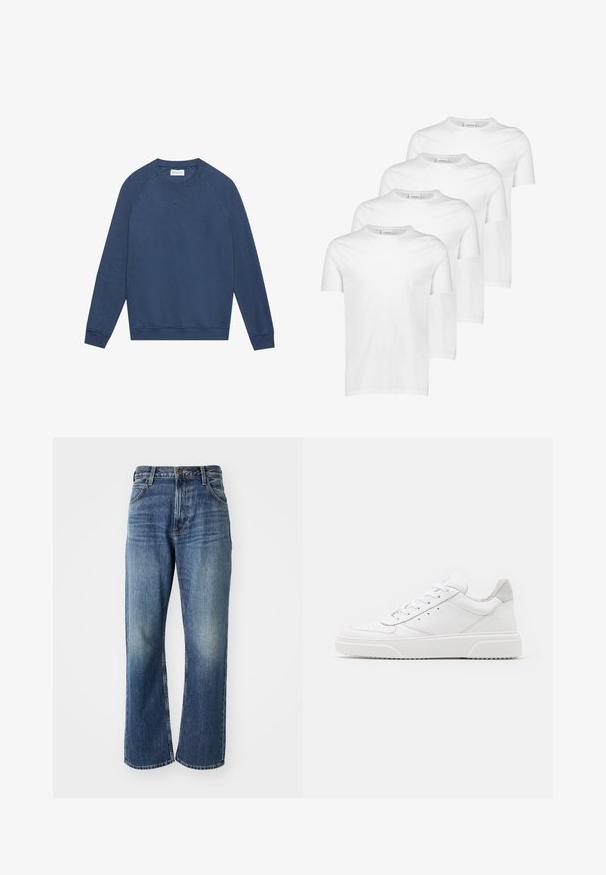Langärmliges, blaues Crewneck-Sweatshirt mit Raglanärmeln, gerippten Bündchen und Saum sowie einem kleinen gestickten "X"-Detail unterhalb des Kragens.; Weiße Baumwoll-T-Shirts, kurze Ärmel, runder Ausschnitt, glatte Textur, vier Stück gestapelt mit einheitlichem Design und ohne Muster oder Akzente.; Weite blaue Jeans aus Denim mit einer ausgewaschenen Optik, fünf Taschen und einem Metalldruckknopfverschluss. Auffällige Nähte entlang der Nähte.; Weiße Leder-Sneaker mit glatter Oberfläche, rundem Zehenbereich, flachen Schnürsenkeln und strukturiertem Schuhsohlen. Graues Wildleder-Detail an der Ferse.