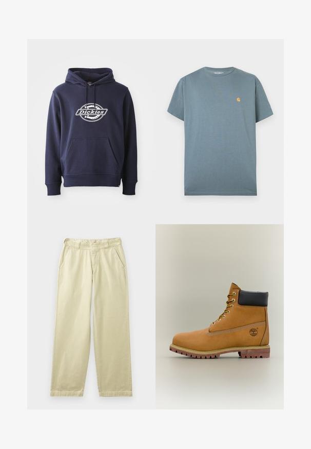 Tumed sinine kapuutsiga särk, mis on valmistatud puuvilla segust. Omab eesmist taskut ja reguleeritavat kapuutsi. Valge "Dickies" logo rinnal ümmarguses kujunduses.; Sinise lühikeste varrukatega Carhartti T-särk väike kollane logo vasakul rinnal, tasapinnal valgel taustal.; Beežid puuvillased püksid lõdva lõikega, millel on küljetaskud, vööaugud ja sirged säärid. Siledapinnaline kangas minimaalse õmbluste detailidega.; Pruun nahast pahkluu saabas musta kraega, kollaste paelte ja beežide tallaga. Omab logo ja valge õmbluse detaile. Tugeva haardega välistald.