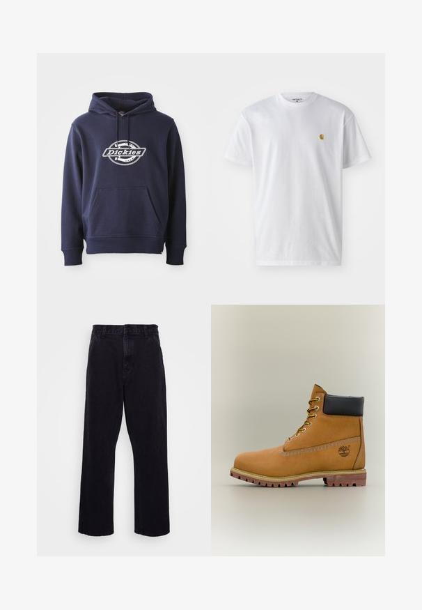 Navyblauwe hoodie gemaakt van een katoenmix. Heeft een voorkantzak en een capuchon met koord. Witte "Dickies" logo op de borst in een ronde vorm.; Witte katoenen t-shirt met korte mouwen en ronde hals, voorzien van een klein gouden logo op de linkerkant van de borst. Zachte textuur en een normale pasvorm.; Zwarte denim broek met een rechte pijpdesign, voorzien van een knoop- en ritssluiting, riemlussen en minimale stikdetails.; Bruine leren enkellaars met zwarte kraag, gele veters en een zandkleurige zool. Voorzien van een logo en witte stikseldetails. Robuuste loopzool met grip.