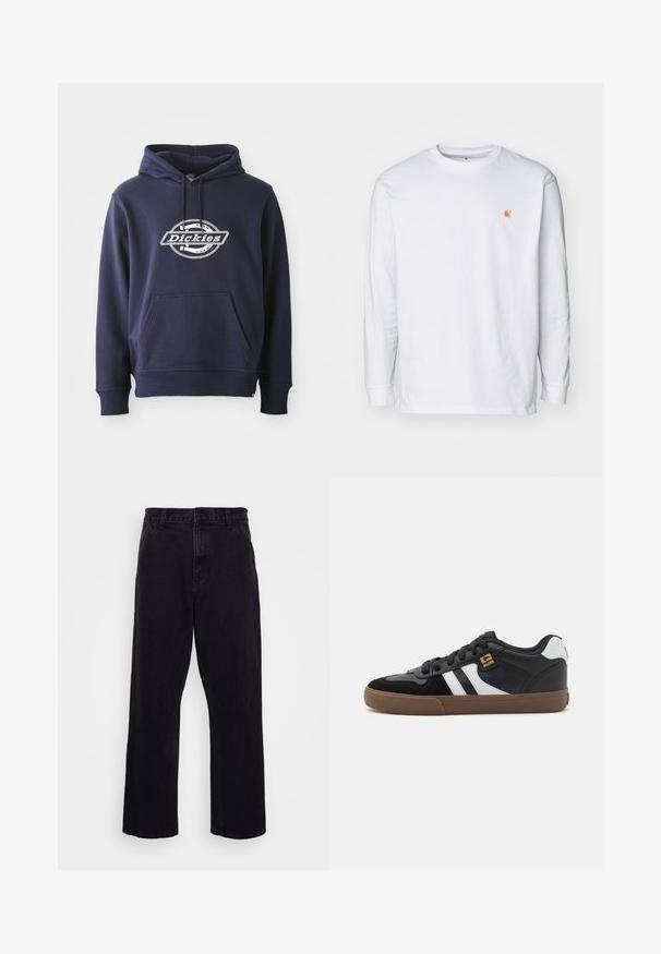 Hoodie bleu marine en mélange de coton. Doté d'une poche frontale et d'une capuche avec cordon de serrage. Logo "Dickies" blanc sur la poitrine dans un design circulaire.; T-shirt à manches longues blanc en coton. Présente un petit logo doré sur la poitrine et un col rond. Design simple et coupe standard.; Pantalons en denim noir avec une coupe droite, dotés d'une fermeture à bouton et à zip, de passants de ceinture et de coutures minimales.; Baskets noir et blanc avec une tige en daim et en cuir, présentant des rayures blanches, des lacets noirs et une semelle en caoutchouc marron. Accents de logo dorés.