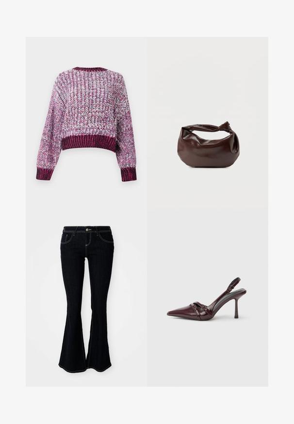 Pull court texturé avec un motif multicolore dans des nuances de rose, violet et blanc. Encolure et poignets côtelés.; Jeans évasés en denim foncé avec une taille haute, des poches avant et arrière, et des coutures contrastantes jaunes.; Escarpin slingback en cuir verni bordeaux avec bout pointu, fine bride à la cheville et petit détail décoratif de boucle. Texture lisse et talon haut.; Sac bandoulière en cuir marron foncé avec une forme souple et décontractée et une anse nouée torsadée sur un fond blanc uni.