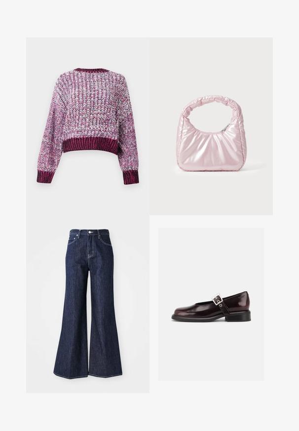 Pull court texturé avec un motif multicolore dans des nuances de rose, violet et blanc. Encolure et poignets côtelés.; Jean flare en denim foncé avec taille haute, présentant une fermeture à bouton et zip. Des coutures blanches et des jambes larges créent une silhouette structurée.; Chaussure Mary Jane unique brillante couleur bordeaux foncé avec une large bride et une boucle argentée, talon bloc bas et bout arrondi sur fond blanc.; Sac à main rose rembourré avec un design arrondi, fabriqué à partir d'un matériau brillant. Dispose d'une poignée froncée et d'une fermeture éclair pour un accès sécurisé.