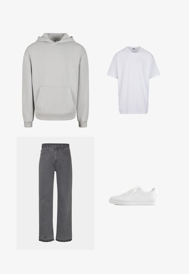 Lysegrå hættetrøje lavet af blødt bomuldsblandingsmateriale, med en lomme foran, snøre i hætten og ribstrikkede manchetter og kant.; Hvid, kortærmet bomulds-T-shirt med rund hals og synligt størrelses- og mærkelabel inde i kraven.; Grå bred ben jeans lavet af denim, med en falmet vask, en knaplukning og frynsede kanter. To sidelommer er synlige.; Hvid lavtop sneakers med snørebånd, glat læderoverdel og flad gummiå sole set fra siden på en hvid baggrund.