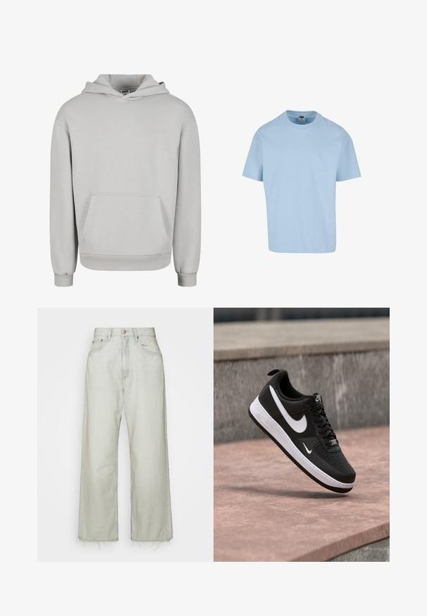 Lysegrå hættetrøje lavet af blødt bomuldsblandingsmateriale, med en lomme foran, snøre i hætten og ribstrikkede manchetter og kant.; Lyseblå, kortærmet t-shirt lavet af bomuld. Har en rund halsudskæring og lige snit. Enkel design, ingen mønstre eller accenter.; Lyse vaskede wide-leg jeans lavet af denim, med høj talje, frynset kant og diskret slid på frontlommerne.; Sort-hvid Nike Air Force 1 sneaker svævende over en lyserød betonflade med en grå stenbaggrund.