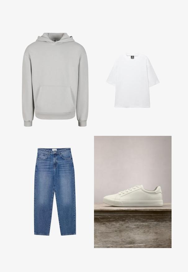 Lysegrå hættetrøje lavet af blødt bomuldsblandingsmateriale, med en lomme foran, snøre i hætten og ribstrikkede manchetter og kant.; Hvid oversized t-shirt med korte ærmer, rund halsudskæring og blødt bomuldsstof. Har et sort mærke ved halsen. Ingen mønstre eller accenter.; Blå denim jeans med høj talje, lige ben design og slidte finish. Har fem lommer og en knaplukning.; Hvide snørresneakers svævende over en træbænk med grønne planter i baggrunden, der fremhæver skodesign og tekstur.