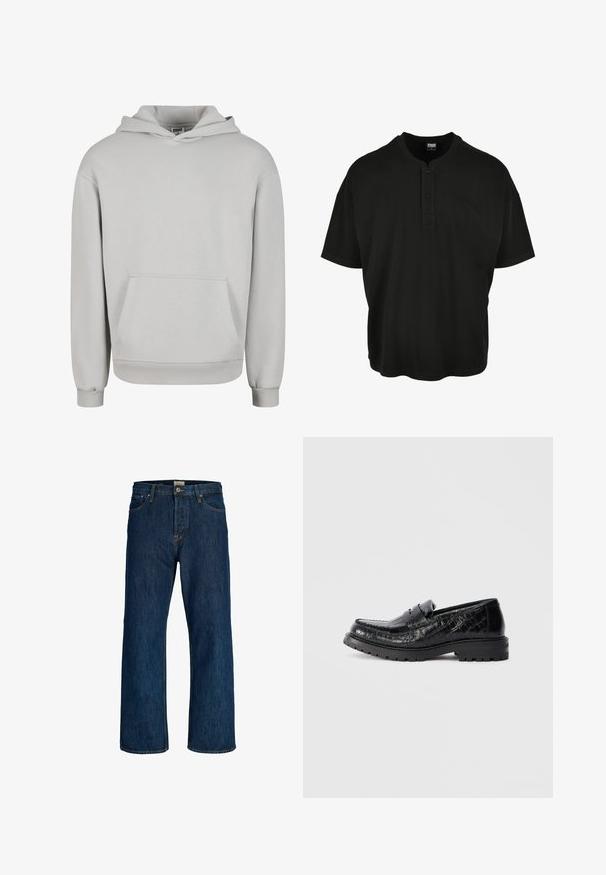Sweat à capuche gris clair en mélange de coton doux, avec une poche avant, une capuche à cordon de serrage, et des poignets et un ourlet côtelés.; Chemise noire à manches courtes en coton, dotée d'un col henley avec deux boutons et de coutures d'épaule tombantes.; Jeans en denim bleu foncé à jambes droites, avec bouton à l'avant, fermeture éclair et design à cinq poches.; Mocassin en cuir texturé crocodile noir avec semelle épaisse et bandeau sur le dessus, vue de côté, isolé sur fond gris clair.