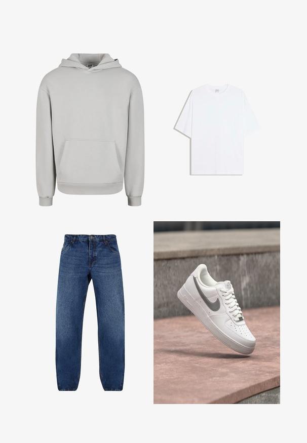 Lysegrå hættetrøje lavet af blødt bomuldsblandingsmateriale, med en lomme foran, snøre i hætten og ribstrikkede manchetter og kant.; Hvid oversized bomulds t-shirt med rund hals og korte ærmer; glat tekstur, uden synlige mønstre eller accenter.; Mørkeblå denim jeans med lige pasform, synlige sømme, fem-lomme design og knaplukning i taljen. Ren finish.; Hvid Nike Air Force 1 sneaker med gråt swoosh-logo svævende over en stensurface og en grå stenvæg i baggrunden.